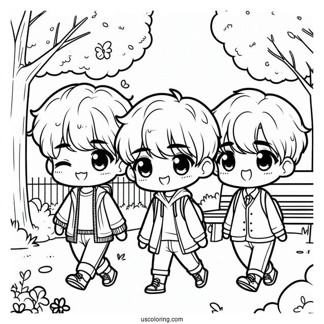 Cute Coloring Page Chibi Boys Walking In The Park For Kids