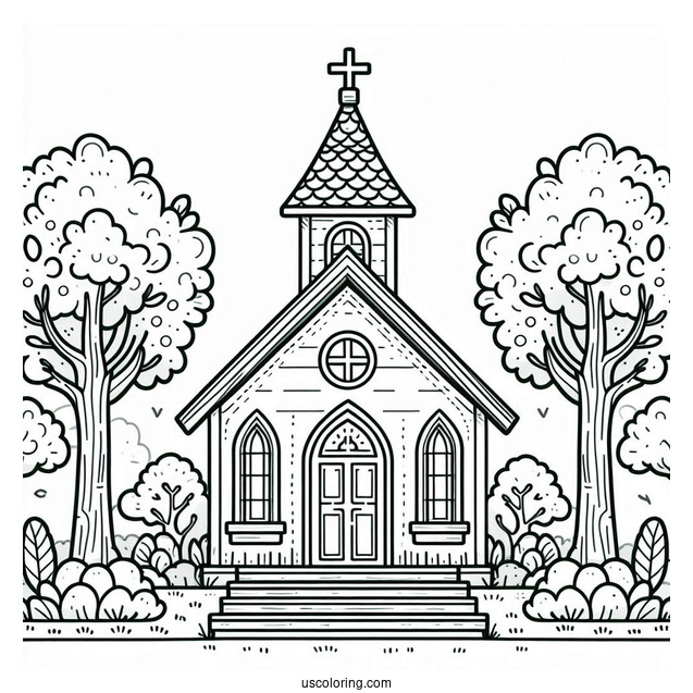 Small Church Coloring Page Surrounded By Trees For Preschoolers