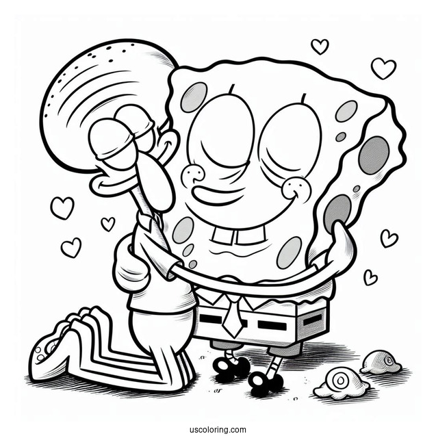 SpongeBob Hugging Squidward Coloring Page