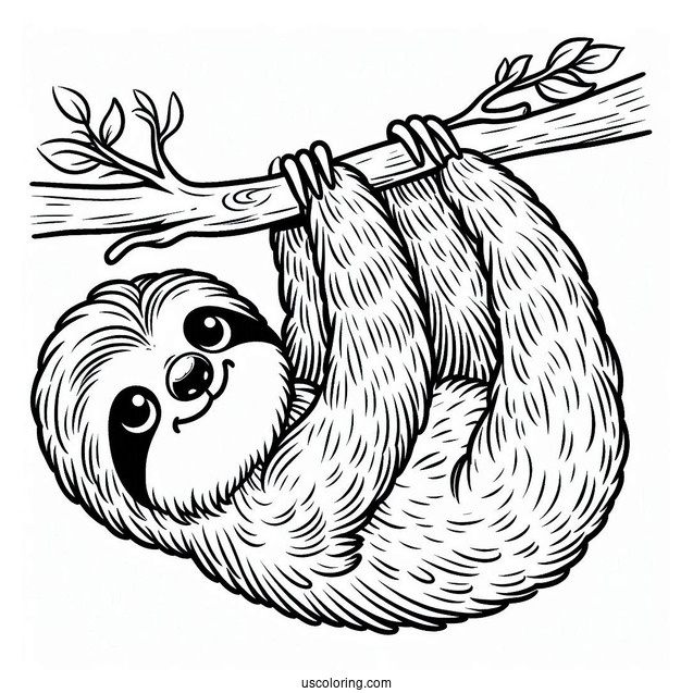 Cute Sloth Hanging From Tree To Color For Kids