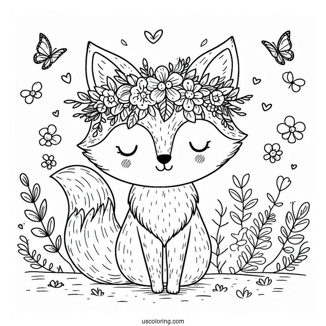 Easy Cute Coloring Page Fox Wearing A Flower Crown