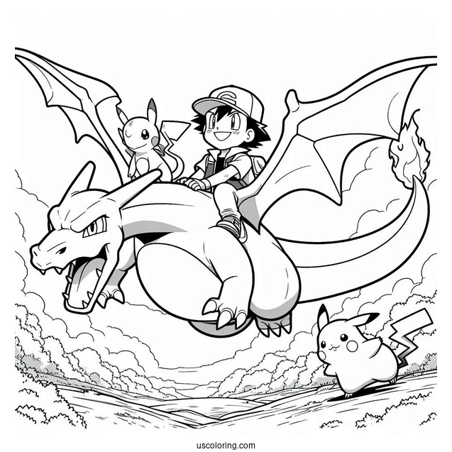 Coloring Sheet Of Ash And PIkachu Riding Charizard