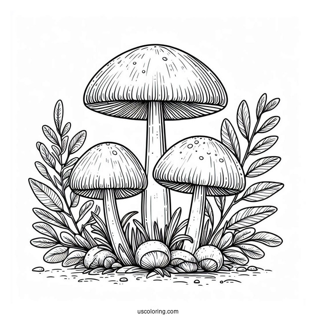 Three Realistic Mushroom Coloring Page Surrounded By Larger Plants
