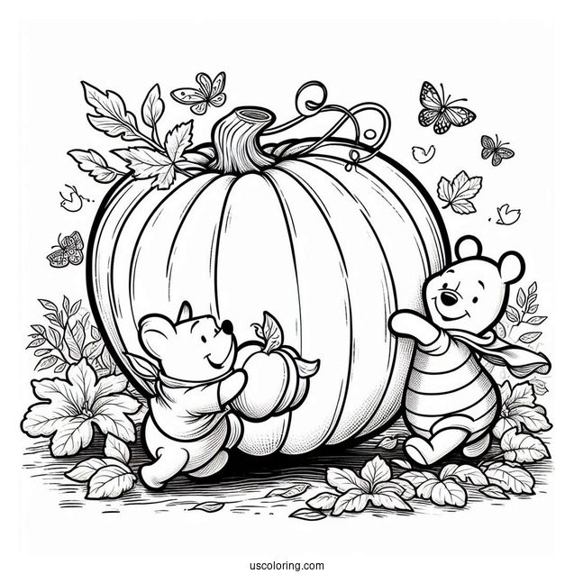 Winnie The Pooh And Piglet Carrying A Giant Pumpkin Coloring Page