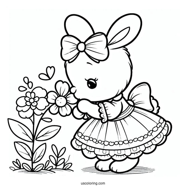 Simple Easter Coloring Page Of Bunny In A Dress Sniffing A Flower For Preschoolers