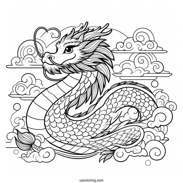 Mushu Dragon With Cloudy Sky Background Coloring Page For Kids
