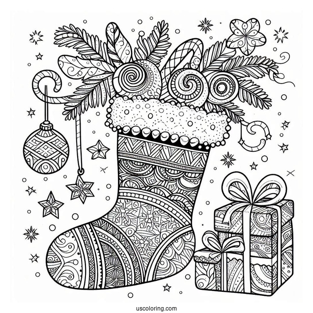 Christmas Coloring Pages For Adults Of Intricate Christmas Stocking Zentangle With Presents Inside