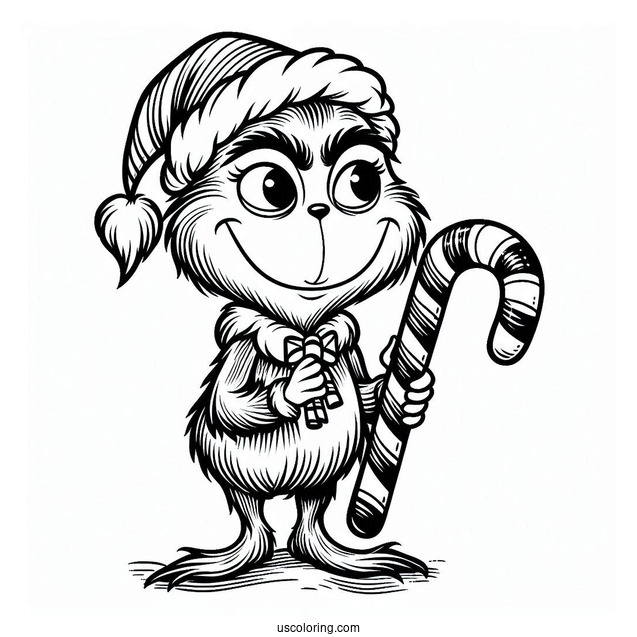 Grinch Holding A Candy Cane Coloring Page On Christmas Day