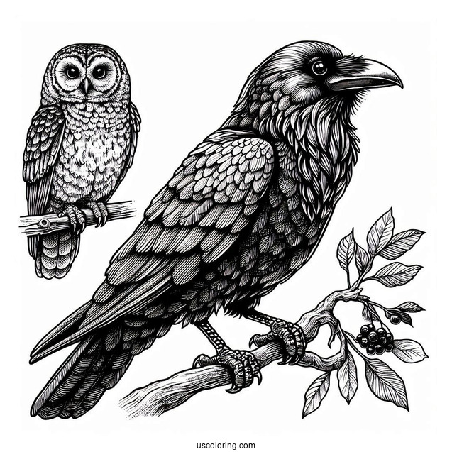Realistic Raven Coloring Page Perched On A Branch With An Owl