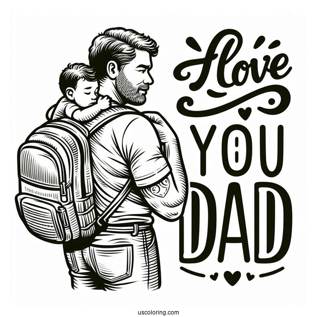 Father's Day Coloring Page Of I Love You Dad Words Over Father Carrying His Baby