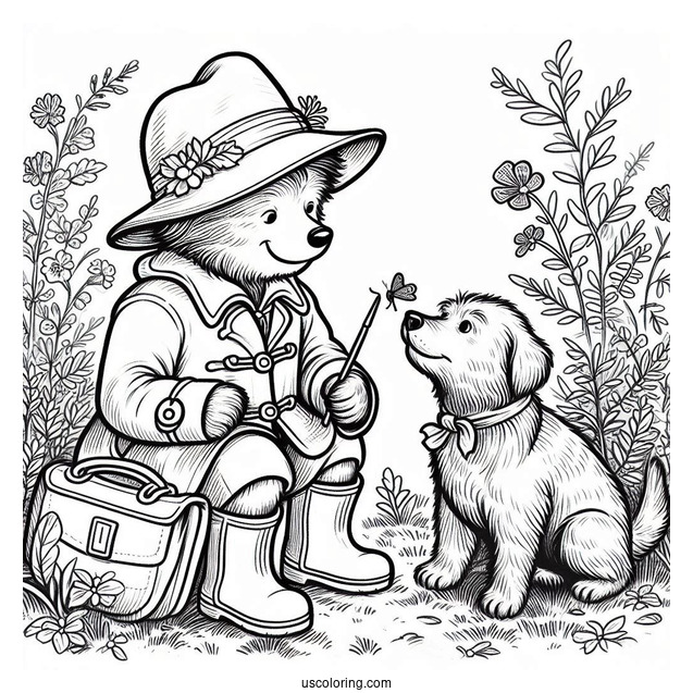 Paddington Coloring Page Playing With A Dog For Kids