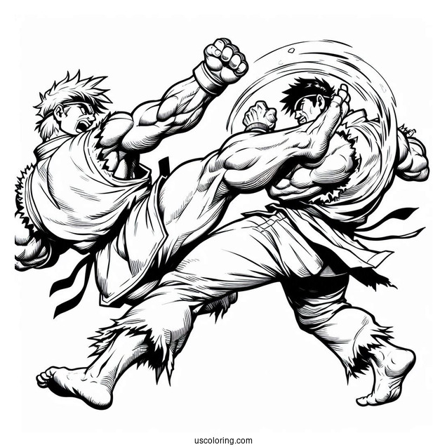 Street Fighter Coloring Page Of Ken Masters Knocking Out Ryu In Battle