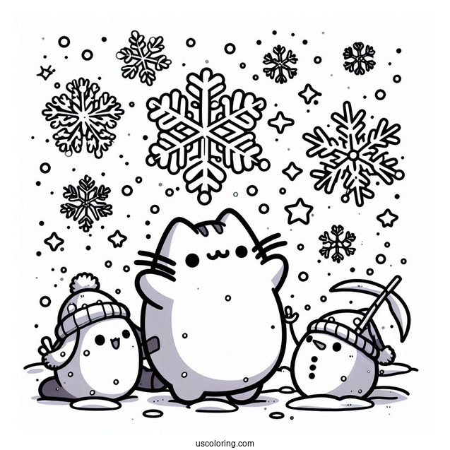 Snowflake Coloring Page Falling On Pusheen, Stormy, And Snowman