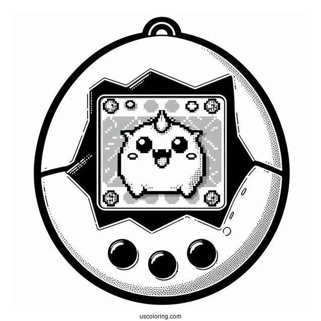 Realistic Tamagotchi Coloring Page Console With Pixelized Pets On The Screen