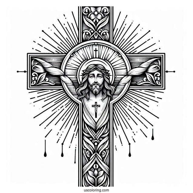 Elegant Cross Coloring Page With Jesus s Face At The Center