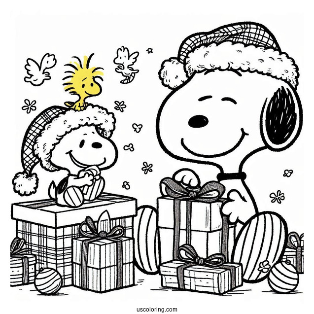 Snoopy And Woodstock Unwrapping Gifts During Christmas