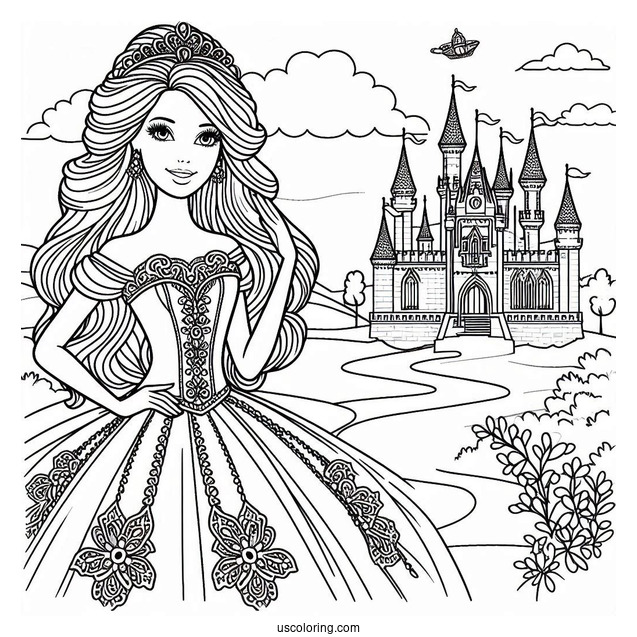 Princess Barbie In Front Of Castle To Color