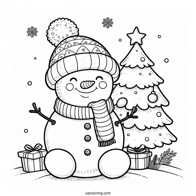 Happy Snowman Sitting Next To Christmas Tree