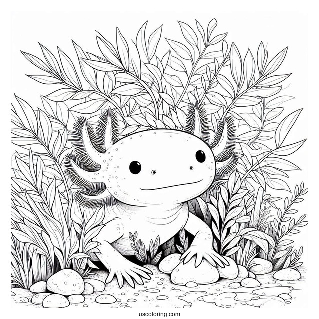 Axolotl Coloring Page Hiding Behind Vegetation