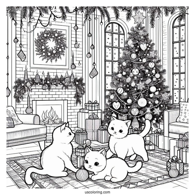 Christmas Coloring Pages For Adults Of Three Cats Playing In Living Room With Christmas Tree