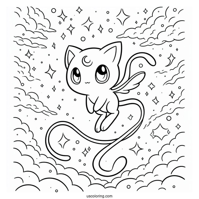Mew Coloring Page Floating In The Sky With Stars