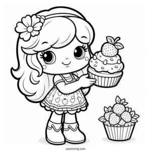 Strawberry Shortcake Coloring Page Holding Cupcake