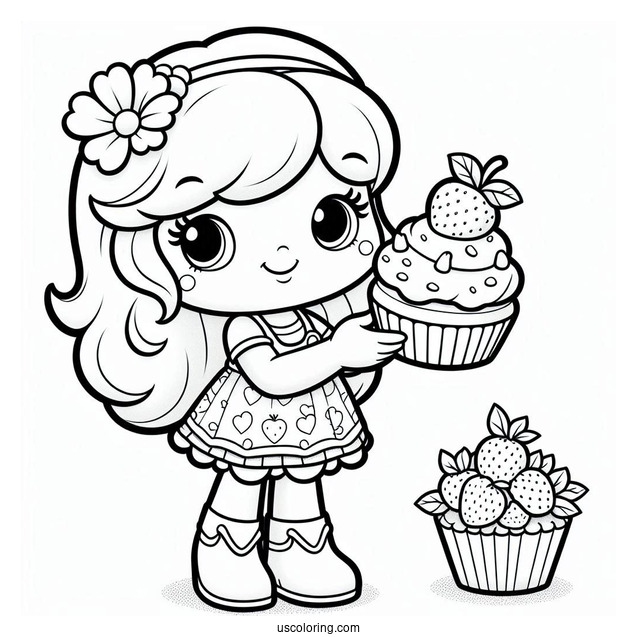 Strawberry Shortcake Coloring Page Holding Cupcake