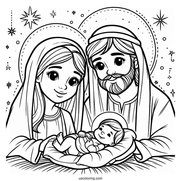 Nativity Coloring Page Of Smiling Joseph And Mary With Baby Jesus