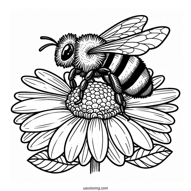 Large Bee Coloring Page On Top Of A Daisy