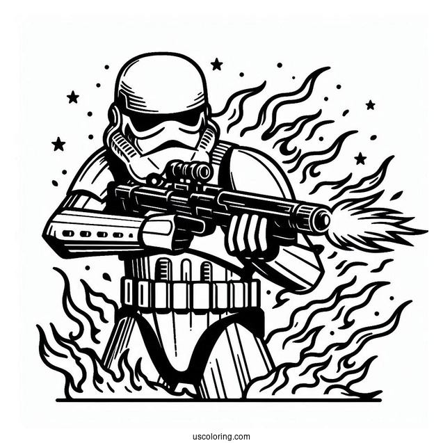 Easy Stormtrooper Coloring Page Shooting Blaster With Flames In The Background