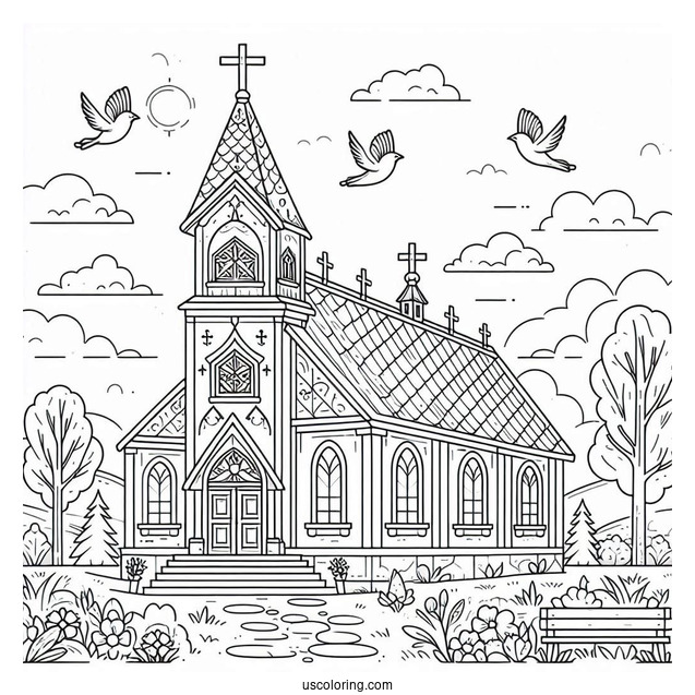Traditional Church Coloring Page Outline With Birds And Trees