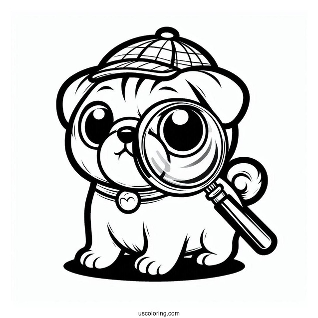 Detective Pug Coloring Page with Magnifying Glass