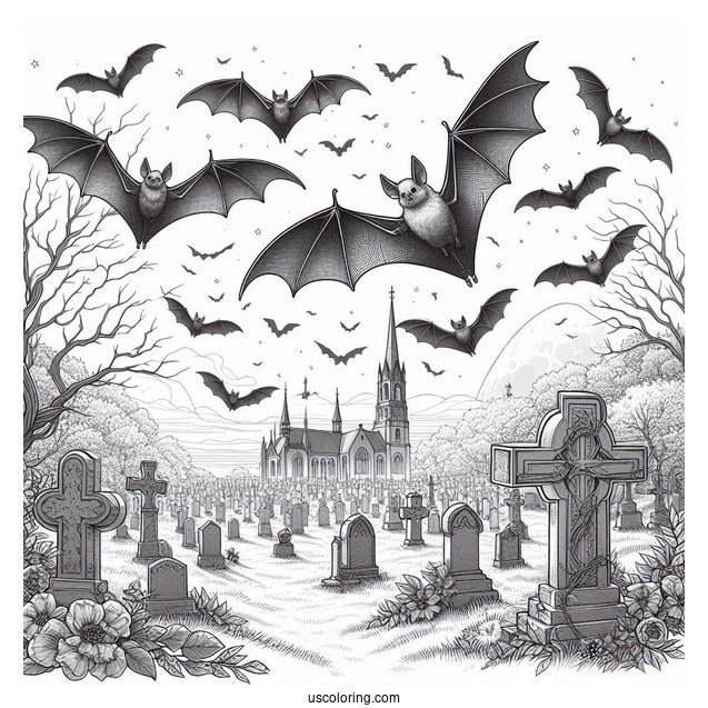 Realistic Bats Coloring Page Flying In Cemetery