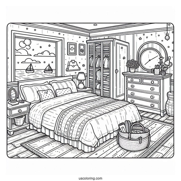 Tidy Bedroom Coloring Page With Scenic Ocean View