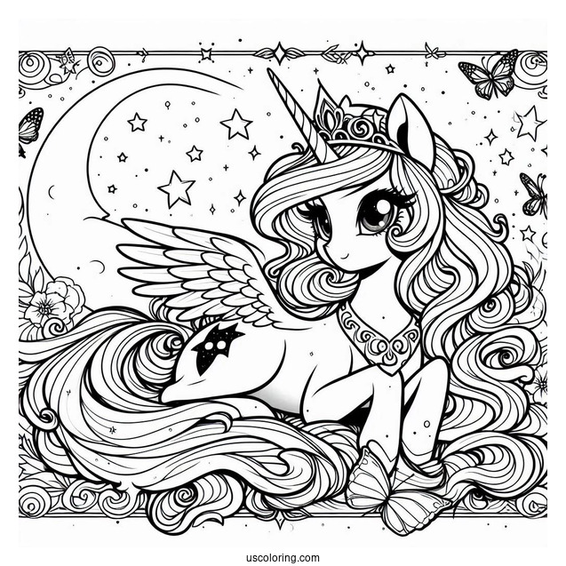 Princess Luna Coloring Page Surrounded By Stars And Butterflies