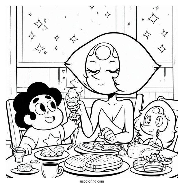 Steven Universe Coloring Page Of Having Breakfast With Pearl, Garnet, And Amethyst