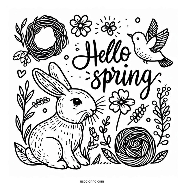 Hello Spring Words Above Rabbit And Bird In Spring Coloring Page