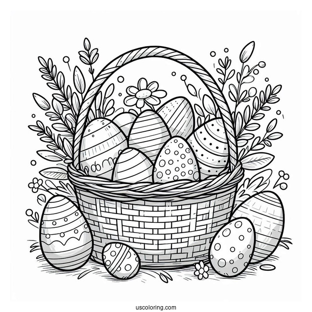 Easter Coloring Page Of Simple Easter Eggs In A Large Basket For Kids