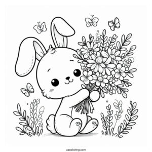 Happy Easter Bunny Coloring Page Holding Flower Bouquet For Kids