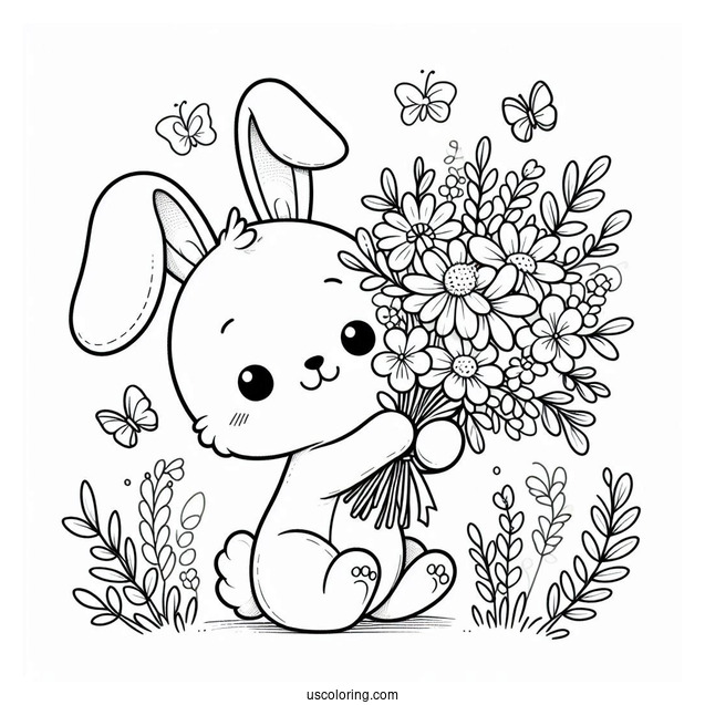 Happy Easter Bunny Coloring Page Holding Flower Bouquet For Kids