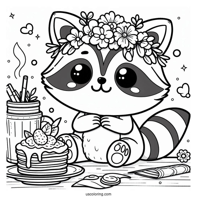 Kawaii Raccoon Coloring Page With Flower Crown And Pancake For Kids