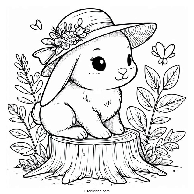 Rabbit Coloring Page With A Hat Sitting On A Tree Stump