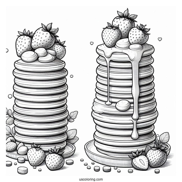 Realistic Mini Pancake Coloring Page Tower With Large Strawberries