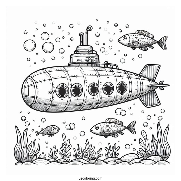 Realistic Deep Sea Submarine Coloring Page With Fish