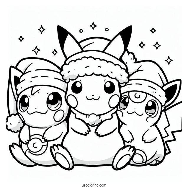 Pokemon Christmas Coloring Page Pikachu, Jigglypuff, Charmander, And Bulbasaur Wearing Santa Hat