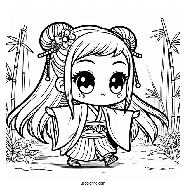 Chibi Nezuko Coloring Page In Bamboo Forest For Preschoolers