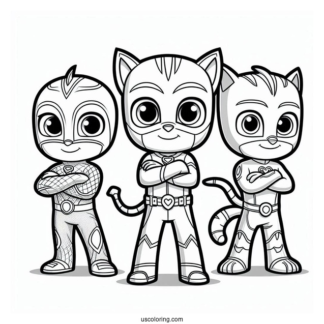 PJ Masks Coloring Page Of Simple Owlette, Gekko, And Catboy Standing With Arms Crossed