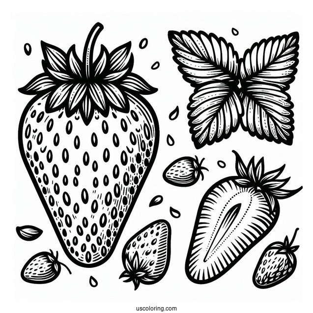 Easy Strawberry Coloring Page With Seeds For Kids