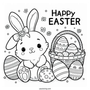Happy Easter Greeting With Easter Bunny Coloring Page And Eggs