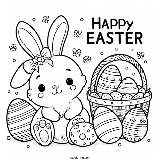 Happy Easter Greeting With Easter Bunny Coloring Page And Eggs